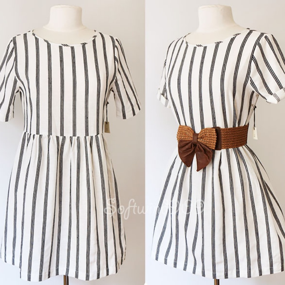 Cream Navy Blue Vertical Stripe Linen Cotton Dress - Picture 1 of 8